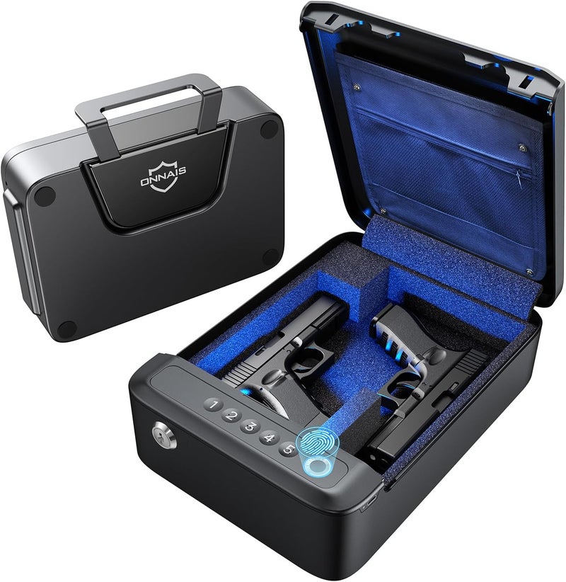 ONNAIS Alloy SE Rechargeable Portable Gun Safe, Biometric Gun Safe for Pistols, Fingerprint Handgun Safe with Keys, Keypad, Pistol Safe for Travel Nightstand Beside Home - Image 1